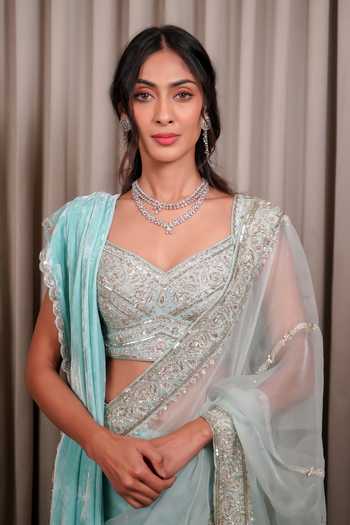 Buy_Esha Koul_Blue Velvet, Organza, Chanderi, Crepe Sequins, Embroidered Saree With Blouse 