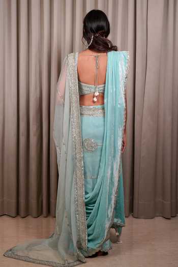 Shop_Esha Koul_Blue Chanderi, Velvet, Crepe Sequins, Zari Embroidered Saree With Blouse _at_Aza_Fashions