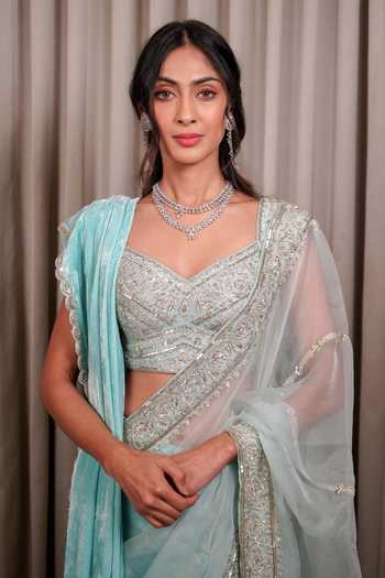 Buy_Esha Koul_Blue Chanderi, Velvet, Crepe Sequins, Zari Embroidered Saree With Blouse _Online_at_Aza_Fashions