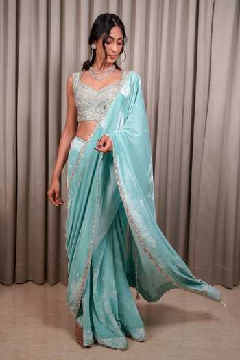Shop_Esha Koul_Blue Chanderi, Velvet, Crepe Sequins, Zari Embroidered Saree With Blouse _Online_at_Aza_Fashions