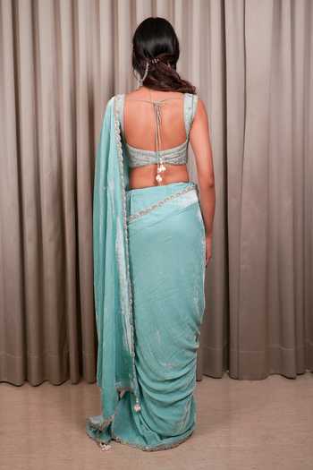 Esha Koul_Blue Chanderi, Velvet, Crepe Sequins, Zari Embroidered Saree With Blouse _at_Aza_Fashions