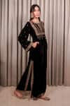 Shop_Esha Koul_Black Crepe, Velvet Embroidery, Zari Keyhole Neck Embellished Kaftan _Online_at_Aza_Fashions