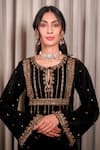 Esha Koul_Black Crepe, Velvet Embroidery, Zari Keyhole Neck Embellished Kaftan _Online