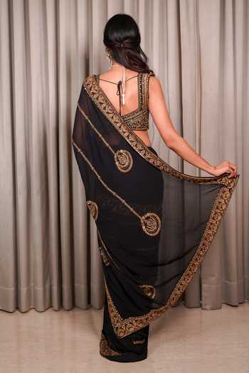 Shop_Esha Koul_Black Georgette, Chanderi, Crepe Embroidery, Sequins, Zari, Saree With Blouse _at_Aza_Fashions