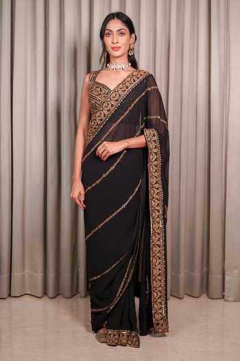 Esha Koul_Black Georgette, Chanderi, Crepe Embroidery, Sequins, Zari, Saree With Blouse _Online_at_Aza_Fashions