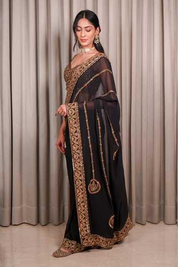 Buy_Esha Koul_Black Georgette, Chanderi, Crepe Embroidery, Sequins, Zari, Saree With Blouse _Online_at_Aza_Fashions
