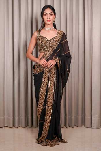 Buy_Esha Koul_Black Georgette, Chanderi, Crepe Embroidery, Sequins, Zari, Saree With Blouse _at_Aza_Fashions