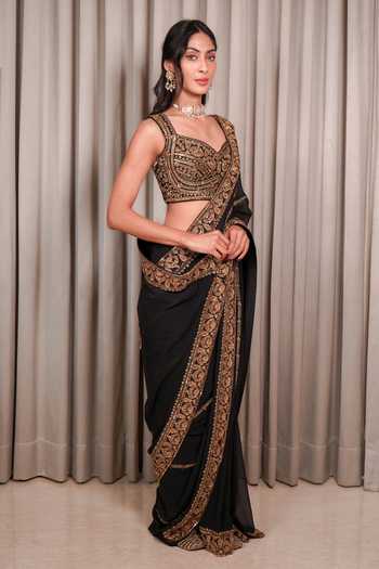 Shop_Esha Koul_Black Georgette, Chanderi, Crepe Embroidery, Sequins, Zari, Saree With Blouse _Online_at_Aza_Fashions