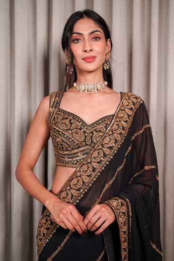Esha Koul_Black Georgette, Chanderi, Crepe Embroidery, Sequins, Zari, Saree With Blouse _at_Aza_Fashions