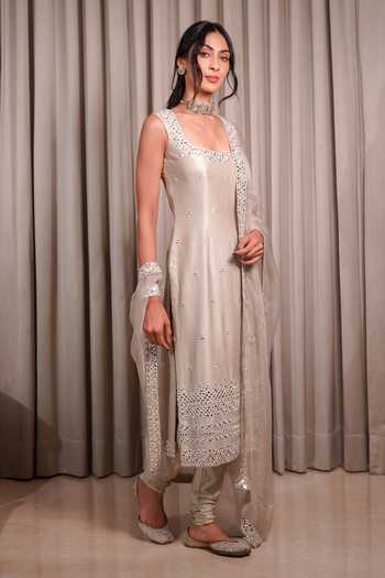 Esha Koul_Grey Chanderi, Lycra, Organza Mirrors Scoop Neck Work Kurta Set _Online_at_Aza_Fashions