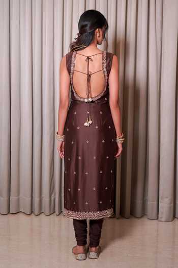 Shop_Esha Koul_Brown Organza, Chanderi, Crepe, Lycra Mirrors, Tassels Scoop Neck Kurta Set _at_Aza_Fashions