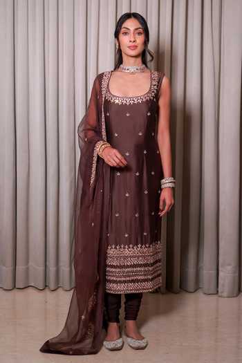 Esha Koul_Brown Organza, Chanderi, Crepe, Lycra Mirrors, Tassels Scoop Neck Kurta Set _Online_at_Aza_Fashions