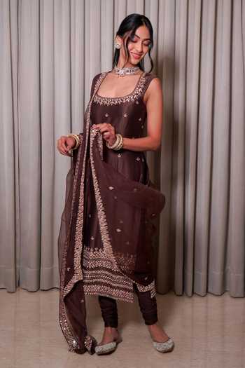 Buy_Esha Koul_Brown Organza, Chanderi, Crepe, Lycra Mirrors, Tassels Scoop Neck Kurta Set _Online_at_Aza_Fashions