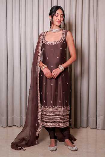 Buy_Esha Koul_Brown Organza, Chanderi, Crepe, Lycra Mirrors, Tassels Scoop Neck Kurta Set _at_Aza_Fashions