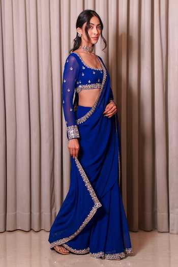Esha Koul_Blue Georgette, Crepe Mirrors Square Neck Embellished Border Saree With Blouse _Online_at_Aza_Fashions