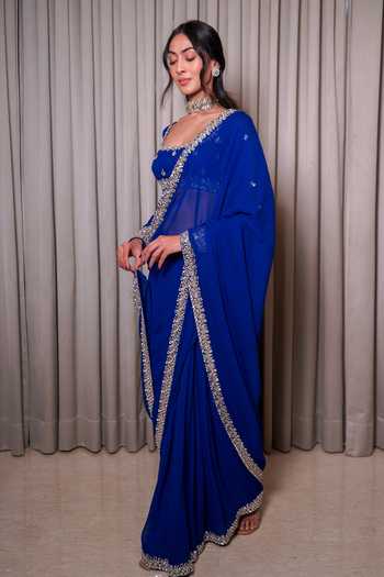 Buy_Esha Koul_Blue Georgette, Crepe Mirrors Square Neck Embellished Border Saree With Blouse _Online_at_Aza_Fashions