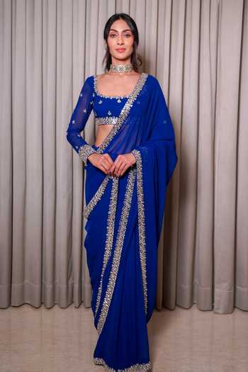 Shop_Esha Koul_Blue Georgette, Crepe Mirrors Square Neck Embellished Border Saree With Blouse _Online_at_Aza_Fashions