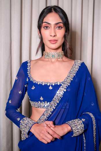 Esha Koul_Blue Georgette, Crepe Mirrors Square Neck Embellished Border Saree With Blouse _at_Aza_Fashions