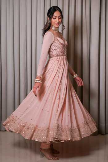 Esha Koul_Blush Silk, Georgette, Crepe Embellished Anarkali Set With Jacket And Dupatta _Online_at_Aza_Fashions
