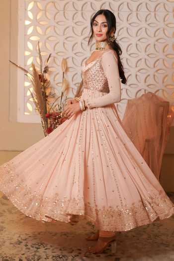 Buy_Esha Koul_Blush Silk, Georgette, Crepe Embellished Anarkali Set With Jacket And Dupatta _Online_at_Aza_Fashions