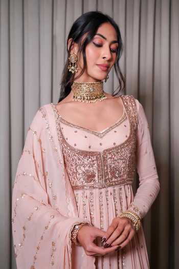 Shop_Esha Koul_Blush Silk, Georgette, Crepe Embellished Anarkali Set With Jacket And Dupatta _Online_at_Aza_Fashions