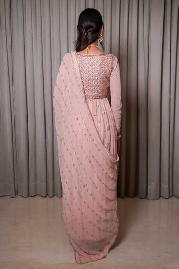 Shop_Esha Koul_Blush Silk, Georgette, Crepe Embellished Anarkali Set With Jacket And Dupatta _at_Aza_Fashions