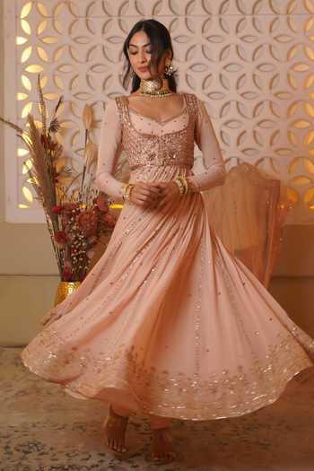 Buy_Esha Koul_Blush Silk, Georgette, Crepe Embellished Anarkali Set With Jacket And Dupatta _at_Aza_Fashions