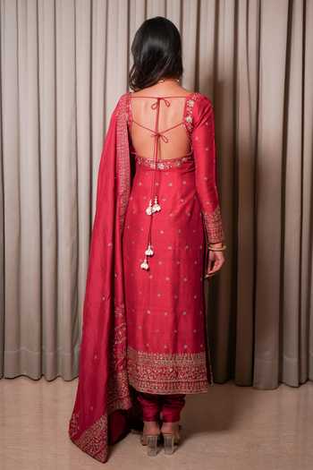 Shop_Esha Koul_Pink Silk, Chanderi, Embroidered Straight Kurta Set With Churidar And Dupatta _at_Aza_Fashions