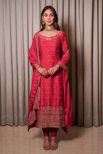 Esha Koul_Pink Silk, Chanderi, Embroidered Straight Kurta Set With Churidar And Dupatta _Online_at_Aza_Fashions