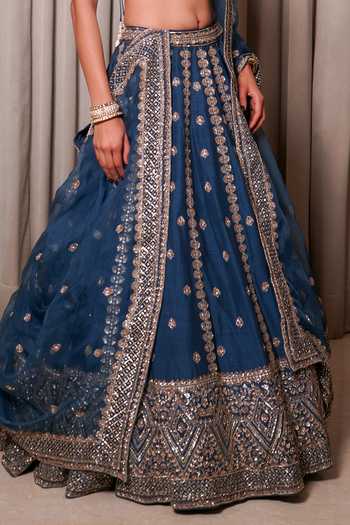 Buy_Esha Koul_Blue Silk, Organza, Crepe Embroidery, Sequins, Beads, Cut Work Raw Lehenga Set _Online_at_Aza_Fashions