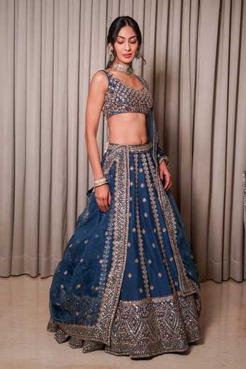 Shop_Esha Koul_Blue Silk, Organza, Crepe Embroidery, Sequins, Beads, Cut Work Raw Lehenga Set _Online_at_Aza_Fashions