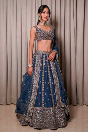 Esha Koul_Blue Silk, Organza, Crepe Embroidery, Sequins, Beads, Cut Work Raw Lehenga Set _at_Aza_Fashions