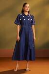 Shop_Savaaya_Blue Denim Embroidery, Fabric Flowers Collared, Floral Midi Dress With Belt _Online_at_Aza_Fashions