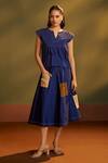 Buy_Savaaya_Blue Denim Embroidery, Patchwork Split V-neck Pocket Top And Skirt Set _at_Aza_Fashions