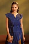 Shop_Savaaya_Blue Denim Embroidery, Patchwork Split V-neck Pocket Top And Skirt Set _Online_at_Aza_Fashions