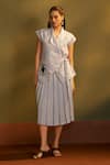 Buy_Savaaya_Grey Linen Embroidery V-neck, Collared Wrap Top And Pleated Skirt Set _at_Aza_Fashions