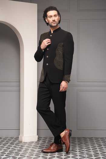 Buy_Soniya G_Black Viscose, Suiting Beads Obsidian Aura Embellished Bandhgala Set _Online_at_Aza_Fashions