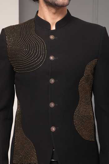 Soniya G_Black Viscose, Suiting Beads Obsidian Aura Embellished Bandhgala Set _at_Aza_Fashions