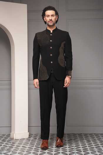 Buy_Soniya G_Black Viscose, Suiting Beads Obsidian Aura Embellished Bandhgala Set _at_Aza_Fashions