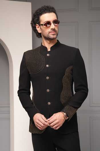 Shop_Soniya G_Black Viscose, Suiting Beads Obsidian Aura Embellished Bandhgala Set 