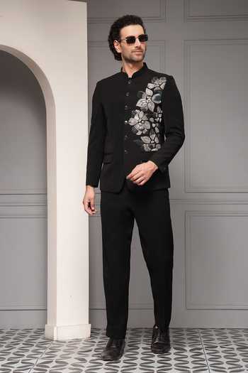 Buy_Soniya G_Black Viscose, Suiting Embroidery Midnight Botanica Bandhgala Set _at_Aza_Fashions