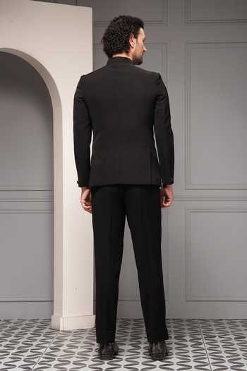 Shop_Soniya G_Black Viscose, Suiting Embroidery Midnight Botanica Bandhgala Set _at_Aza_Fashions