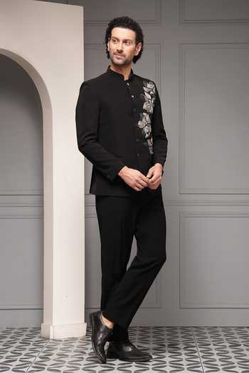 Buy_Soniya G_Black Viscose, Suiting Embroidery Midnight Botanica Bandhgala Set _Online_at_Aza_Fashions