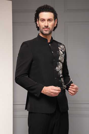 Shop_Soniya G_Black Viscose, Suiting Embroidery Midnight Botanica Bandhgala Set _Online_at_Aza_Fashions