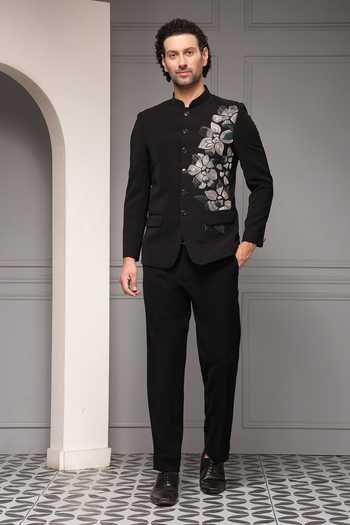 Soniya G_Black Viscose, Suiting Embroidery Midnight Botanica Bandhgala Set _at_Aza_Fashions