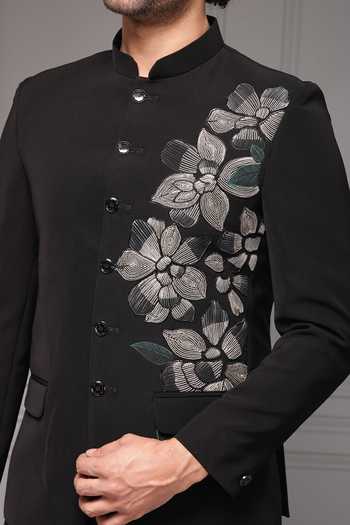 Buy_Soniya G_Black Viscose, Suiting Embroidery Midnight Botanica Bandhgala Set 