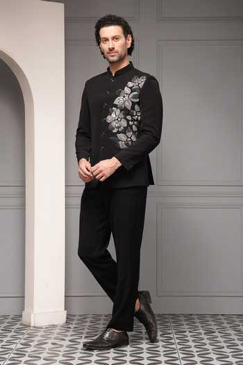 Shop_Soniya G_Black Viscose, Suiting Embroidery Midnight Botanica Bandhgala Set 