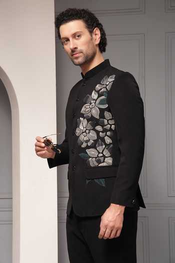 Soniya G_Black Viscose, Suiting Embroidery Midnight Botanica Bandhgala Set _Online