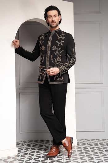 Soniya G_Black Viscose, Suiting Embroidery, Zari Zarafshan Noir Bandhgala Set _Online_at_Aza_Fashions