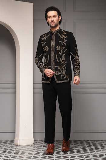 Buy_Soniya G_Black Viscose, Suiting Embroidery, Zari Zarafshan Noir Bandhgala Set _Online_at_Aza_Fashions